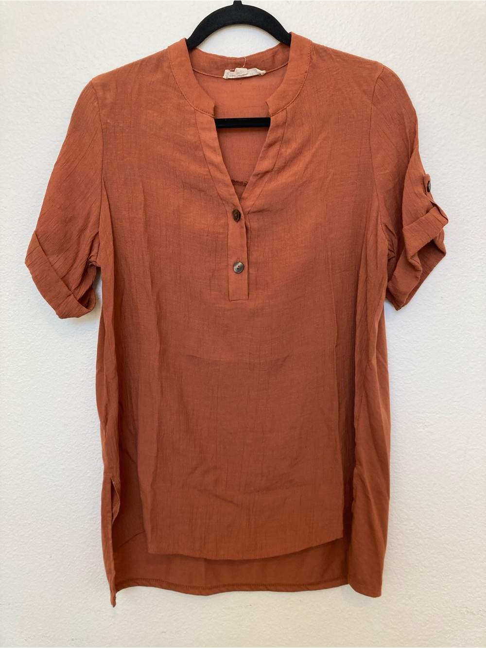 Rust Split-Neck Button Tunic Blouse
